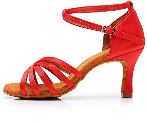 Rosefinch Women's Latin Dance Shoes Ballroom Professional Modern Tango Salsa Practice Performance Dancing Shoes Red 7cm Heel 3.5'