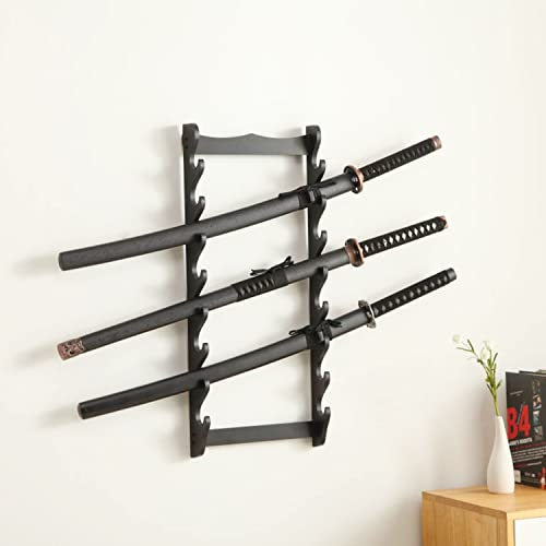 aleawol 8 Stufiger Schwerthalter Wand Katana Schwert Wandhalterung, Schwertständer Katana Ständer Wand, Schwarz Holz Samurai Schwert Wandhalterung Samurai Schwerthalter für Angelrute Flöte Schwert