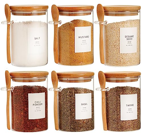 HHMJSM 6 Pcs Glass Jar with Bamboo Lid and Spoon - 17 oz Large Sugar Container with 148 Kitchen Pantry Spice Jar Labels Preprinted - Glass Containers with Wooden Lids Hold Coffee, Tea, Candy