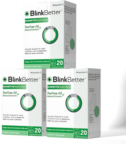 BlinkBetter Lot de 3 lingettes pour paupières à l'huile d'arbre à thé – 60 lingettes naturelles pour soulager la blépharite, la MGD et les yeux secs | Nettoyantes, apaisantes, double texture, formule