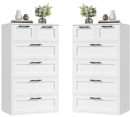 HOCSOK 2 Kommode Weiß, Schlafzimmer Kommode mit 6 Schubladen, Hoch Schubladenschrank Sideboard für Wohnzimmer, Schlafzimmer, Flur, Modern, Holz (2pcs)