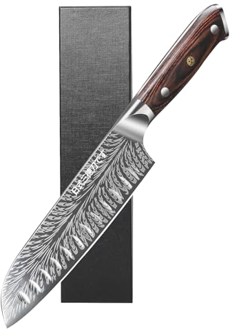 Plys Couteau japonais Santoku Knife couteau de chef longueur de lame 17,6 cm en acier au carbone allemand manche en bois marron