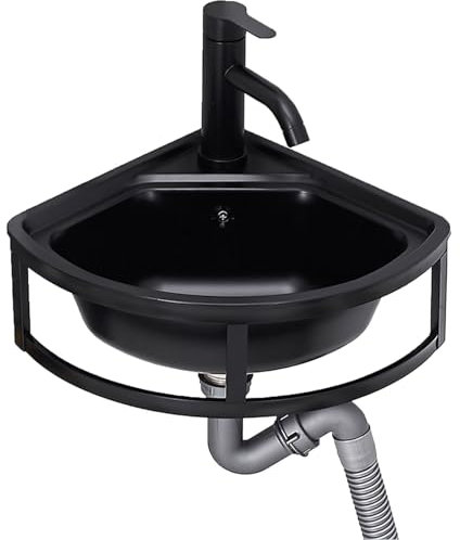 Kleines Eckwaschbecken Edelstahl Dreieckiges Waschbecken, Mini-Becken für Badezimmer mit Warm- und Kaltwasserhähne, Schwarzes Wandspülbecken für Küche Toilette Hotel