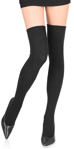 Kiiwah Chaussettes Hautes Femme, 65cm Thigh High Socks 78.5% Coton Chaussettes Longues Femme Femboy Chaussettes Montantes Chaud pour Hiver Printemps (Noir)
