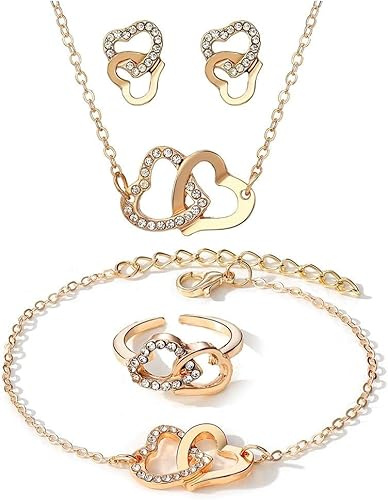 FDEETY 4 Piezas Conjunto Joyas Corazones Entrelazados Cristales Brillantes Collar Pendientes Anillo Pulsera Set Elegante Mujer