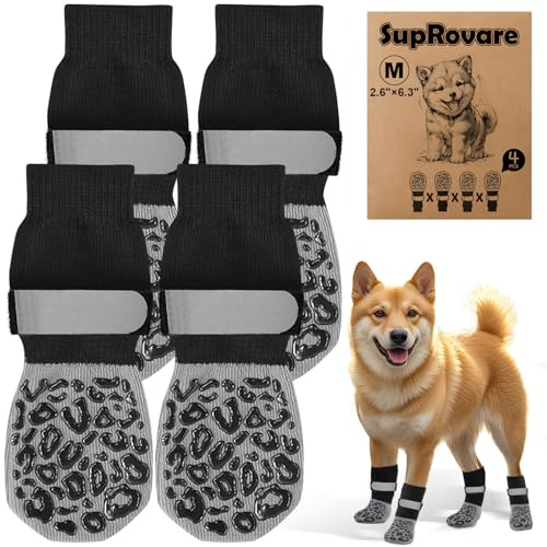 SupRovare 4 stycken hundstrumpor med kardborreband remmar ljusband, hundstrumpor halkfria, hundskor utomhus, leopardmönster hundstrumpor läckageskydd, strumpor hundtasskydd hundskada (M)