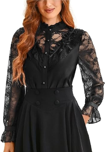 SCARLET Dark dam steampunk spets toppar långärmad ståkrage volanger lapptäcke toppar, svart, XL
