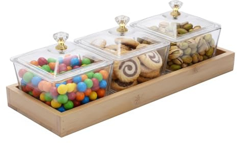 Punorric Snack Bowls with Lids & Wooden Serving Tray, Sweet Jars for Candy Buffet & Cookie Jar, Dry Fruits and Nuts Tray, Party Serving Trays for Home Baking Catering Gift