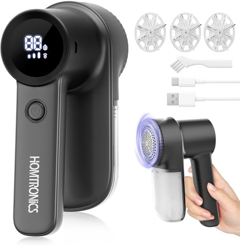Quitapelusas Electrico, [2000mAh Recargable] [Pantalla de Iluminación] Homtronics Quita Pelusas con 4 Cuchillas, 3 Velocidades, Pantalla LCD, Eficiente Quita Bolas Ropa para Ropa y Muebles (Negro)