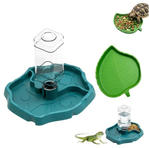QhgPnt Reptile Automatic Food and Water Bowl with Leaf Plate Dish, 2 In 1 Reptile Water Fountain, Tortoise Accessories, Tortoise Water Bowl, for Pet Lizard Gecko Snake Turtle Frog