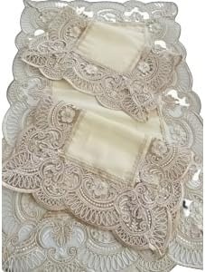 Elegante Set di 3 Centrini in Misto Lino con Applicazione in Pizzo macramè - Made in Italy - Dimensioni: Centro Grande 70x40 cm, Due Piccoli 30x40 cm - Colore Beige