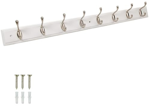 Keypak White Wooden Wall Mounted Coat Rack with 8 Satin Nickel Hooks - 84cm Heavy Duty Wooden Board for Coats, Hats, Bags, Tools - Space Saving Wall Storage Organiser, Fixings Included