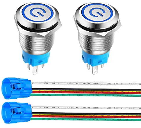Gebildet 16mm Edelstahl Latching Drucktastenschalter 3V-5V-6V-7.5V-9V/3A Power Symbol LED 1NO1NC SPDT ON Off Wasserdichter Kippschalter mit Steckdose Stecker (Blau LED)