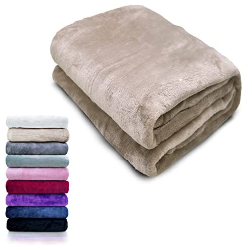 HTE Manta Microfibra para Cama Sofá y Sillón, Manta Polar Lisa de Tacto Suave Super Caliente para Adulto y Niño,Sin Arrugas (Beige, 130 x 160 cm)
