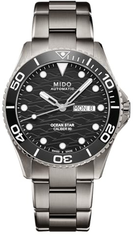 MIDO Ocean Star 200C Titanium - Swiss Automatic Diving Watch for Men - 42.5mm Stainless Steel Case - Rotating Ceramic Bezel - Black Wave-Design Dial with Day,Date Calendar - Stainless Steel Bracelet - M0424304405100