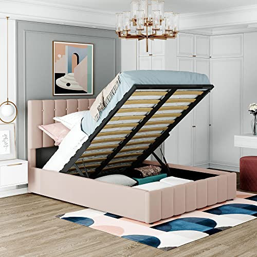 Polsterbett 140x200, Doppelbett mit Hydraulisch Bettstauraum ,höhenverstellbares kopfteil, Metalllattenrost, Hautfreundlicher Samtstoff Doppelbett Erwachsenen Jugendbett,ohne Matratze (Beige-140x200)