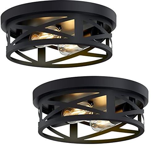 SKEJAO Flush Mount Ceiling Light Fixture,Black 2-Light Hallway Light Fixtures Ceiling,Light Fixtures Ceiling Mount for Farmhouse,Kitchen,Hall,Bedroom,Bathroom (2 Pack)