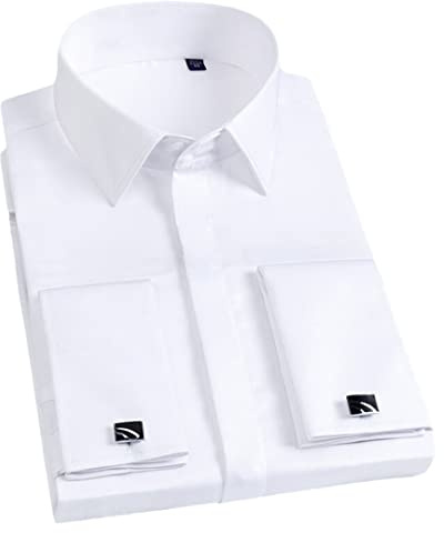 Dninmim Camicia da uomo con bottoni sottili in cotone per feste di nozze e smoking con gemelli, bianco, XL