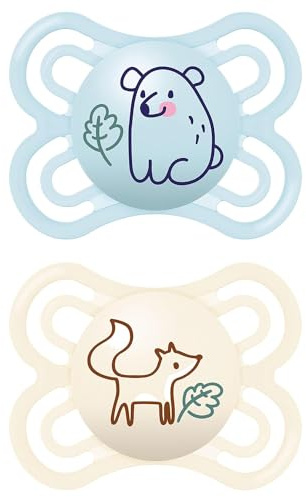 MAM Perfect Schnuller im 2er-Set, für eine gesunde Zahn- und Kieferentwicklung, Baby Schnuller aus nachhaltigen & bio-erneuerbaren Materialien, mit Schnullerbox, 0-6 Monate, Bär/Fuchs