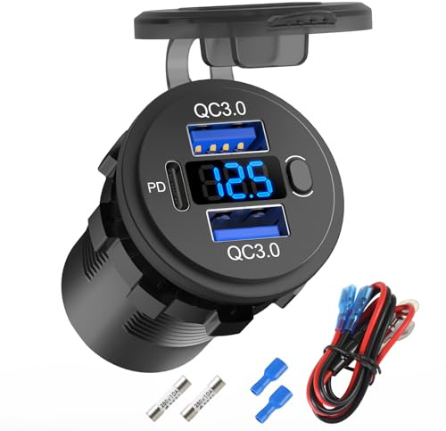 Presa USB 12 Volt Doppia porta QC 3.0 e presa di corrente USB C PD3.0 per auto, Kit di ricambio per accendisigari impermeabile per presa di corrente da 12 V con voltmetro e interruttore per auto barca