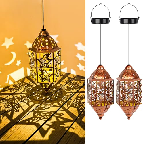 GIACOMO Solarlaterne für Außen 2 Stück, LED Warmweiß IP65 Wasserdicht Metall Solarlampen, Hängend Garten Deko Solarleuchten, Große Stern Feen Solar laterne für Balkon, Terrasse, Draußen, Patio, Rasen