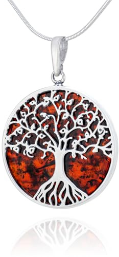 AMBEDORA Women's Large Necklace Celtic Tree of Life Mod.04 with Amber, Polished Sterling Silver, Baltic Amber in Cognac Colour, Silver Pendant on Chain, Sterling Silver, Amber
