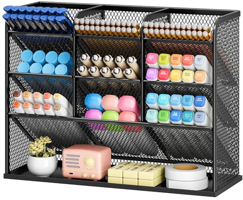 VITVITI 3 Tier Mesh Desk Organiser, 10 compartments Pen Holder for Desk Tidy, Desktop Organiser for Stationery Art School Supplies, Office Accessories - Black