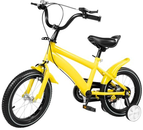 MccoMMon 14 Zoll Kinderfahrrad ab 4 Jahren, Jungen- und Mädchenfahrrad, mit Trainerrädern Rücktrittbremsen, höhenverstellbares Trainerfahrrad Zusatzrädern, Doppelbremsanlage (gelb)