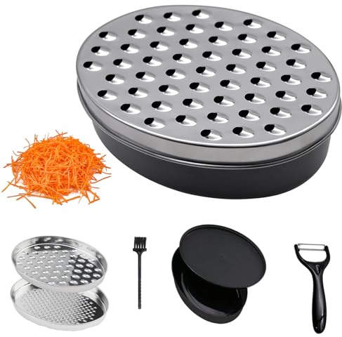 Cheese Grater Kitchen Equipment with Container, Graters for Kitchen with 2 Size Lid, Stainless Steel Cheese Shredder, with Peeler & Brush, for Ginger Vegetable Garlic Lemon Butter Chocolate