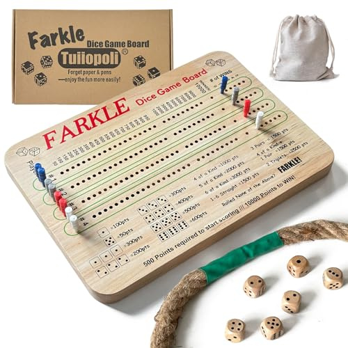 Tuiiopoli Farkle Dice Scoreboard Set, Paper& Pens- Free Design 4 Sets of Colored Player Pegs 6 Wooden Dice for Game Night Party Travel