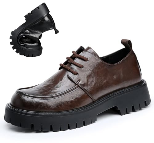 Men's Leather Platform Block Heel Oxfords Classic Round Toe Lace Up Lug Sole Soft Bottom Business Work Dress Shoes Non-Slip Heightening Derby Shoes (Brown-A,12)