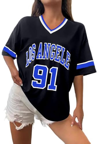 Los Angeles T-shirt de baseball surdimensionné Y2k pour femme - Avec bordure graphique à rayures - Chemise de loisirs - Col en V - Streetwear - Rayé - Graphique - T-shirt décontracté - T-shirt d'été