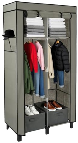 JF HOME BLISS Portable Fabric Wardrobe Portable Closet Storage Organizer with 2 Storage Boxes and 4 Side Bags Dust Protection 88x45x172cm Large Storage Closet for Bedroom Dorm Cloakroom (Grey)