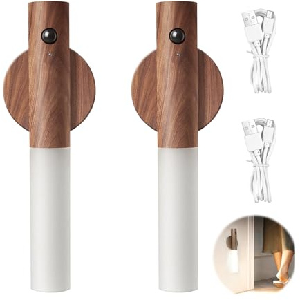 Motion Sensor Night Light, Wall Motion Sensor Night Light Wooden Portable Magnetic Strip Stick Night Lamp Rechargeable Wireless Wall Mounted Torch Lights for Indoor Hallway Stairway Porch (2, Walnut)