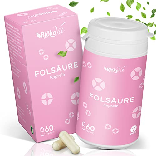 Folsäure Tabletten (Kapseln) von BjökoVit | Nährstoffe für Kinderwunsch, Schwangerschaft & Stillzeit | Vegan und ohne Zusatzstoffe, 60 Stück