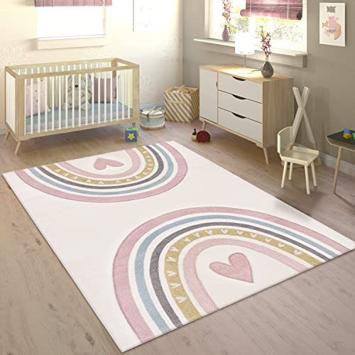 Paco Home Teppich Kinderzimmer Kinderteppich Junge Mädchen Pastell 3D Effekt Modern Regenbogen Herz Creme Rosa Grau, Grösse:160x230 cm