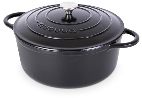 Nuovva Enamelled Cast Iron Dutch Oven Pot with Lid – 7.3 Quart Casserole Dish – Ceramic Dutch Oven for Bread Baking, Roasting, Braising & Stews – Oven Safe up to 500°F – 30cm Black
