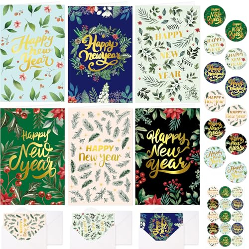 Treasure Cove New Year Cards 2026 Floral Happy New Year Greeting Cards with Envelopes Seasonal Gold Foil Cards for Holiday Party Supplies 12Pcs