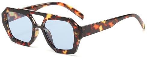 Long Keeper Retro Piloto Doble Puentes Gafas de sol Mujer Hombre Square 70s UV400 Gafas de Protección para Conducir (LeopardoAzul Claro)
