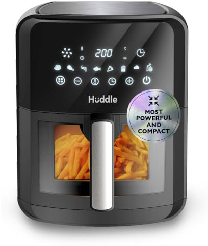 Huddle® Compact 6.3L Air Fryer with Digital Touchscreen, 8 Cooking Presets, Preheat Setting, Adjustable Temperature, Viewing Window, Auto Shutoff, Dishwasher-Safe for Healthy, Energy-Saving Meals