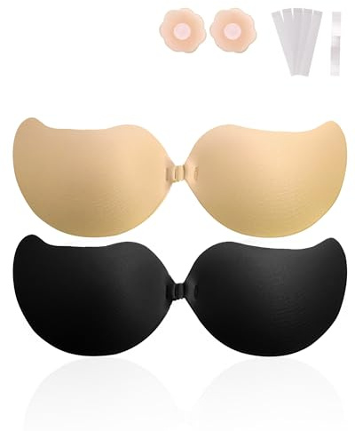 GOZINA Sticky Bra for Women, Stick on Bra Push Up, Invisible Sticky Bras Breathable Backless Push Up Bra, Reusable Adhesive Strapless Bra for Evening Dress (UK, Cup & Band, C, Black + Skin Color)