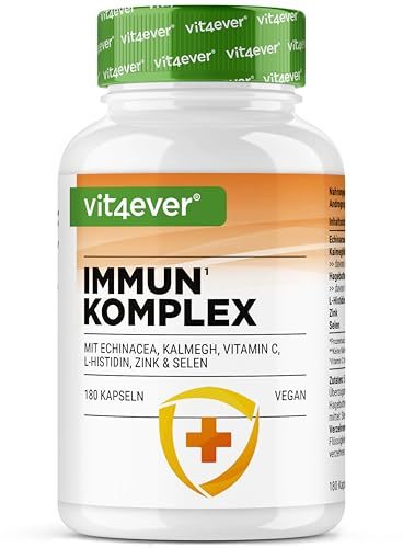Sistema Immunitario Complex alto dosaggio - 180 Capsule per 90 giorni - 500 mg di Echinacea, Kalmegh, Rosa Canina, Vitamina C, L-Istidina, Zinco e Selenio - Vegano, senza additivi inutili