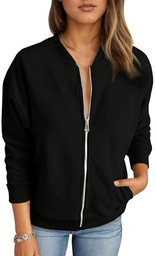 Timuspo Zipper sweatshirt dam casual sweatjacka övergångsjacka vår höst blouson jacka med collegekrage ytterkläder enfärgad bomberjacka, svart, L