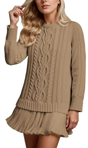 Minivestido De Punto Trenzado Con Cuello Redondo Para Mujer Color SóLido Vestido Corto Plisado De Manga Larga Con Cuello Redondo Vestidos Tipo SuéTer Con Falda