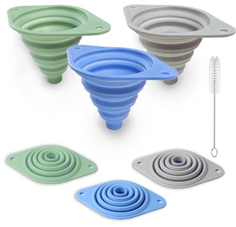 Kitchen Funnel Set 3 Pack, Collapsible Silicone Funnel for Kitchen Use, Small Funnels for Filling Bottle, Transfer Liquid, Oil and Powder, Food Grade Silicone Filter with a Brush