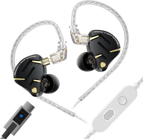 Yinyoo KZ ZS12 Pro 2 Auriculares Gaming con Cable Tipo C IEM 5BA+1DD Auriculares in Ear con Cable USB C para Gaming Sonido Hi-Fi Cable Desmontable (Negro, con Micrófono)