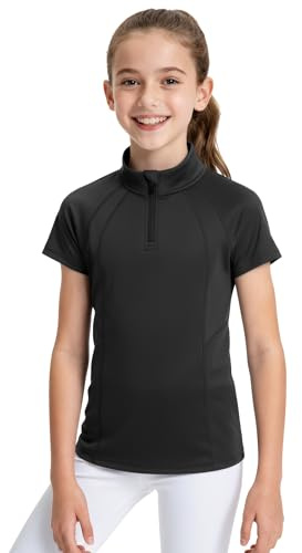JOCMIC Girls Short Sleeve Equestrian Shirt Horse Riding Shirts Half Zip Kids for Golf Yoga Running Black 11-12 Years