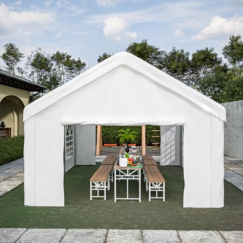 Carport Garaje tienda de campaña 4 × 6 m resistente al invierno – Tienda de campaña impermeable con puertas enrollables separadas delantera y trasera, cobertizo para herramientas de almacenamiento y