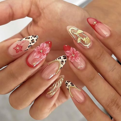 Bubaxuce Design De Saint-Valentin Pour Ongles Moyenne Taille Faux Ongles En Forme D’Amande Avec Motifs 3D Fleur Dorée Autocollante Ongle Français Acrylique Punta Faux Ong