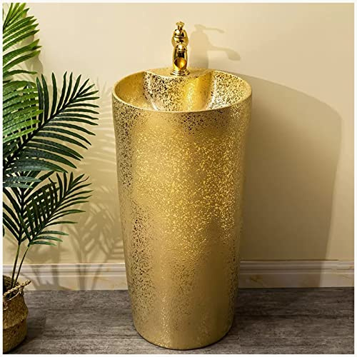 LQAIomn Pedestal Vessel Sink Ceramic Column Washbasin Sink Gold Art Washbasin 16 Inch Bathroom Sink Freestanding One-Piece Pedestal Combo Sink with Faucet